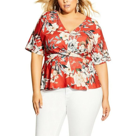 City Chic Twist Front Floral Printed Top Blouse - Picture 1 of 7